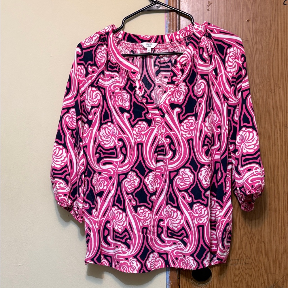 Crown & Ivy Pink and Black Swirl Blouse